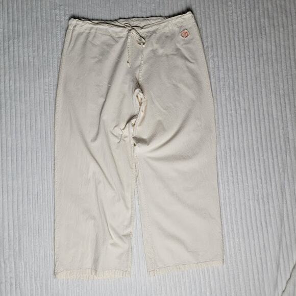 Cream Cotton Wide Leg Pants L Boho Minimalist Drawstring Brazil Cottagecore - Picture 5 of 11